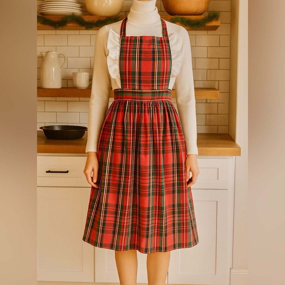 Vintage 60s Christmas Holiday Apron Bib Plaid Pinafore Ruffle Trim Retro#0917258